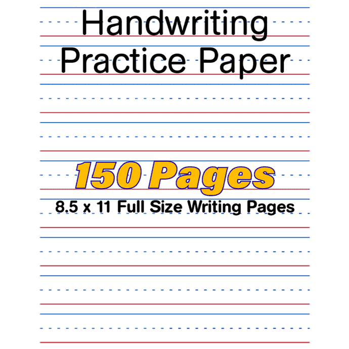 Handwriting Corner's 150-page greyscale practice paper book cover, showing sample lined pages