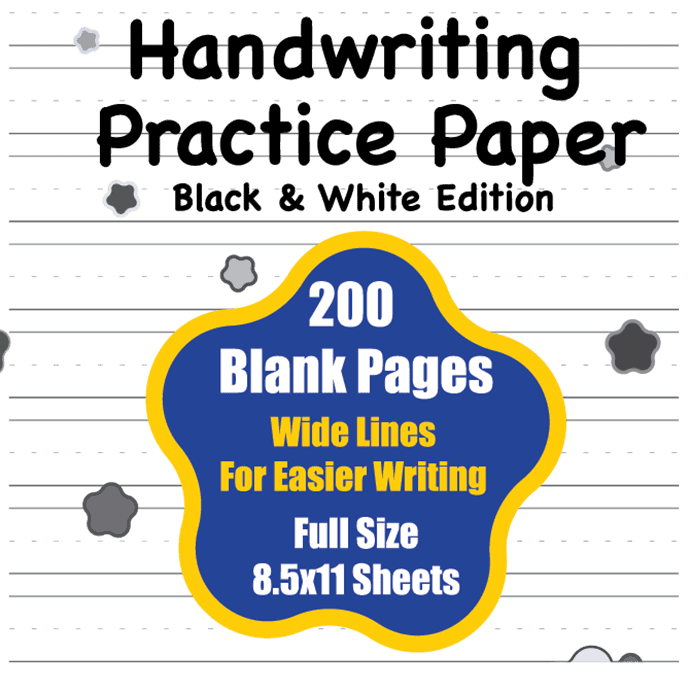 HWC 200-page wide-ruled greyscale writing paper book cover showing sample lined pages.