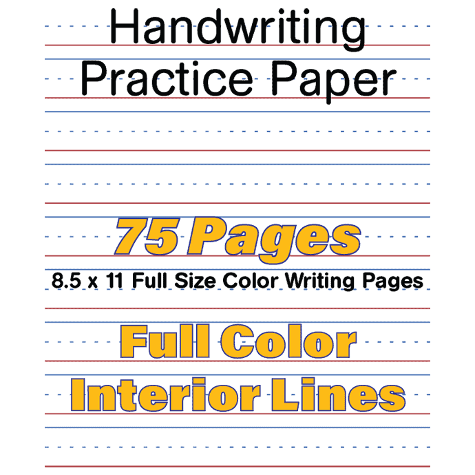 Handwriting Corner's 75-page colored practice paper book cover, showing sample lined pages