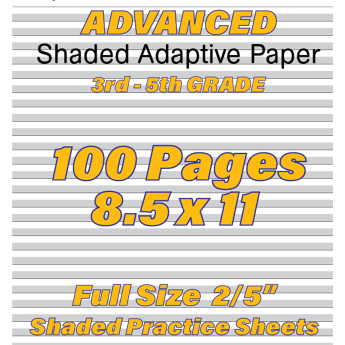 Handwriting Corner's Advanced Shaded Adaptive Paper book cover, featuring 100 full-size 2/5" shaded sheets for 3rd grade and up